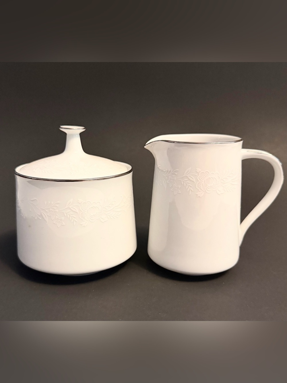 Noritake "Reina" Sugar Bowl & Creamers Set White Floral Platinum Rim 6450Q EUC